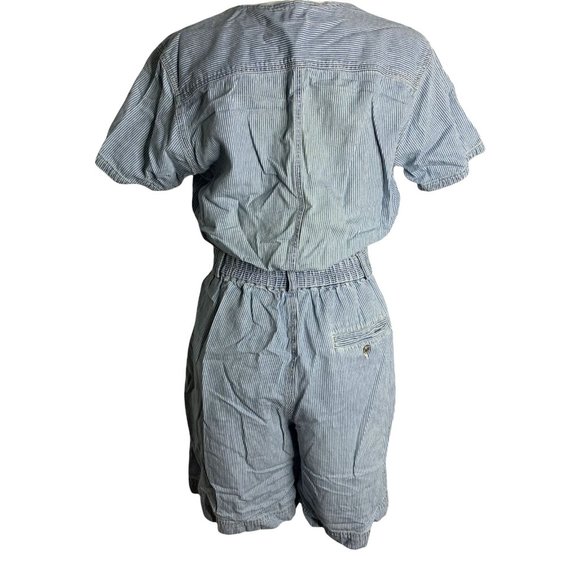 Vintage Gloria Vanderbilt Denim Romper M Blue Striped Buttons Pockets Elastic - Picture 5 of 7